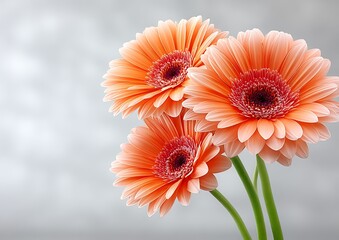 Three peach gerbera daisies against a soft gray background
