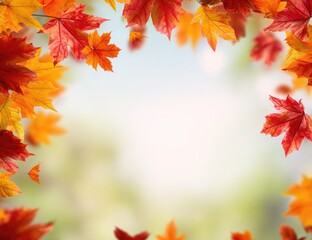 Fototapeta premium Autumn leaves frame against a soft, out-of-focus background
