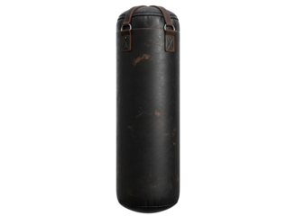 boxing punch bag with metal chains hanging isolated on transparent background