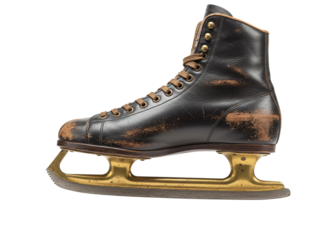 Vintage brown leather ice skates with laces and metal blades isolated on transparent background