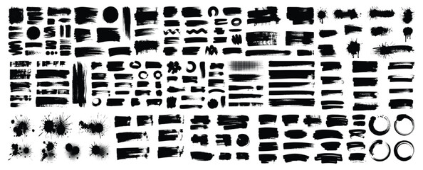 Big collection of black paint, ink brush strokes, brushes, lines, grungy. Dirty artistic design elements, boxes, frames. Vector illustration. Isolated on white background. Freehand drawing.