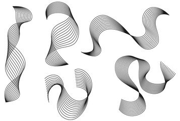Set of Shapes Made of Curved Lines, Abstract Shapes Set, Stripes Shapes, Flow Wavy Lines, Black, Transparent Background