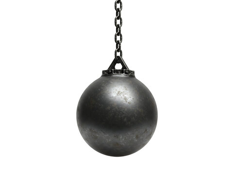 Heavy metal wrecking ball with thick chain isolated on transparent background