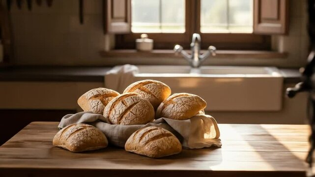 Freshly baked artisanal bread loaves arranged on rustic wooden table near kitchen window with natural sunlight
