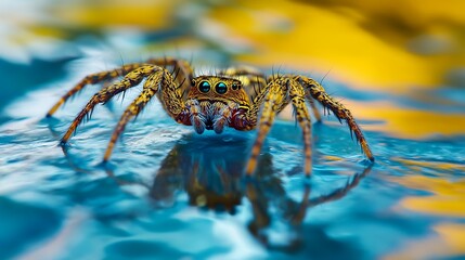Detailed macro of a small jumping spider with big blue eyes, reflected on a colorful surface, showing its fascinating features.