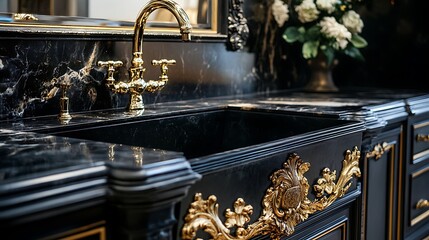 Luxurious kitchen sink with gold faucet and black marble countertop embodies elegance and sophisticated interior design.