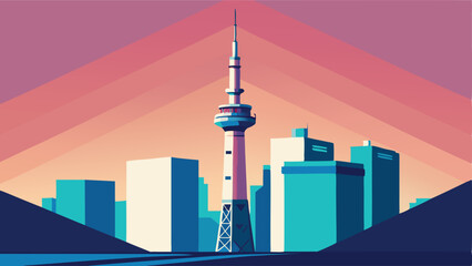 Obraz premium City view with a tower and buildings against a colorful sky landscape illustration