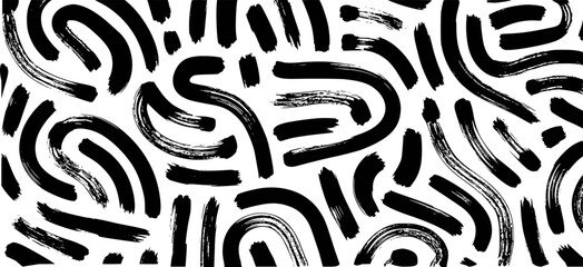 Organic irregular circular lines vector seamless pattern. Hand drawn black and white organic shapes and circles texture. Biological grunge squiggle lines, structure of natural cells. Dry brushstrokes
