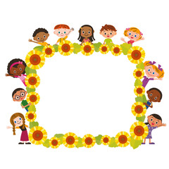 向日葵の花の四角いフレームの周りに子供達が手を振っている