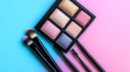 Eye shadow palette with brushes sits on a trendy light blue and pink pastel background for a vibrant makeup look.