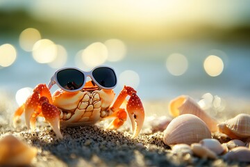 Charming crab with cool shades moving rhythmically across sand.