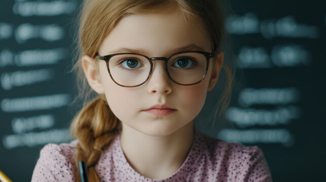 Cute little girl wearing glasses looking serious in front of chalkboard with math equations, focused and thoughtful