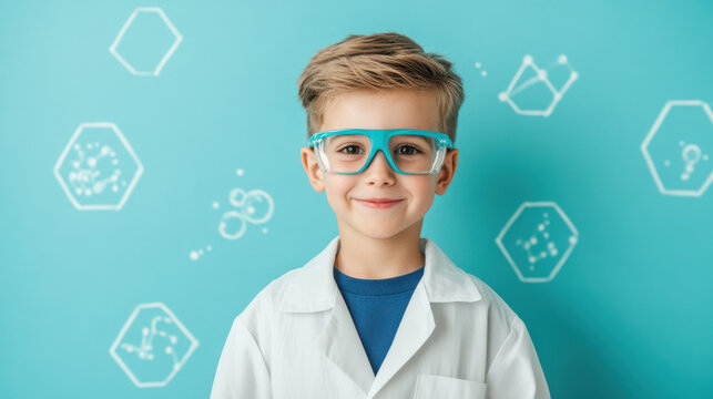 Cute little boy scientist wearing lab coat and protective glasses smiling confidently with science icons on blue background
