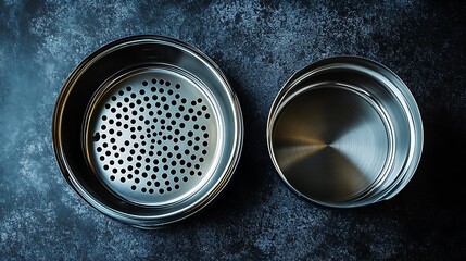 Two stainless steel containers, one with drain holes, rest on a mottled dark surface with soft lighting, suggesting preparation.
