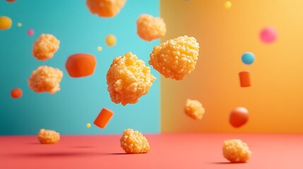 Tasty popcorn chicken pieces levitate against a playful background in a vibrant and inviting food still life.