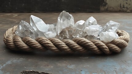 Crystal quartz gems are displayed beautifully on a braided natural rope, showcasing a rustic and elegant aesthetic still life.