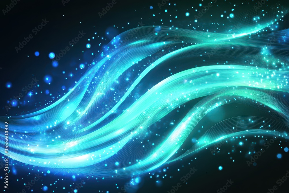 Poster flowing abstract light lines create a dynamic visual experience with wavy patterns and sparkling eff
