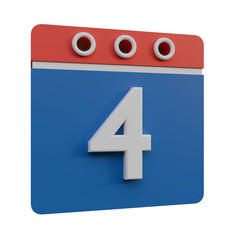 3D Render of a Calendar Icon Day 4, Simple Design, Clean Blue and Red