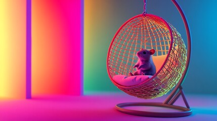Captivating portrayal showcases a cute mouse comfortably sitting in a stylish hanging chair against a vibrant gradient background.