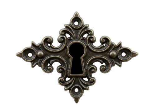 Antique ornate brass keyhole escutcheon plate isolated on transparent background