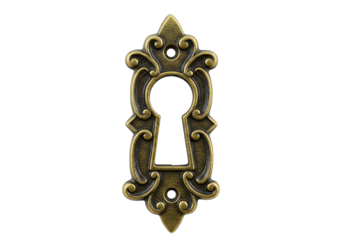Antique ornate brass keyhole escutcheon plate isolated on transparent background