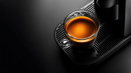 Fresh espresso awaits in a clear glass, set on a modern black machine with dark background.