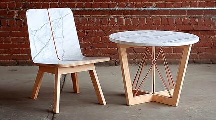 Modern chair and table set, marble effect