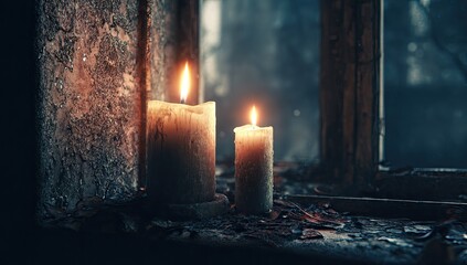 Two candles burning in front of an old window
