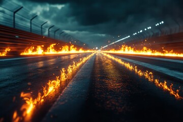 Illuminated dark road showcasing burning car tires against a backdrop of stormy skies during evening hours