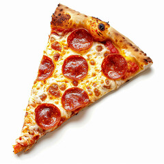 A perfect slice of pepperoni pizza, featuring melted mozzarella cheese and rich tomato sauce on a golden crust, isolated on white