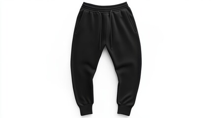 Black fleece jogger pants with pockets and drawstring waist, isolated on white background.