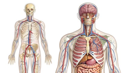 Detailed anatomical illustration of the human circulatory system and skeleton
