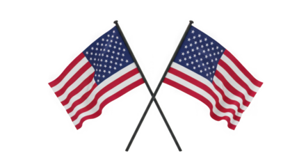 Two crossed american flags waving against a transparent background in a studio shot