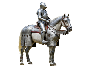 Medieval knight in full armor riding a white horse isolated on transparent background
