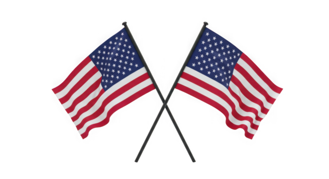 Two crossed american flags waving against a transparent background in a studio shot