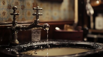 Vintage faucet with water droplet in a classic bathroom setting showcases antique design and nostalgic charm.