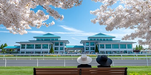 Couple watches race under cherry blossoms