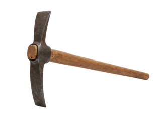Classic metal pickaxe with wooden handle isolated on transparent background