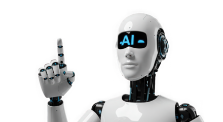 White humanoid robot with ai displayed on its face and pointing up a finger on transparent background