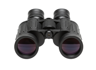 Black binoculars with red lenses isolated on transparent background