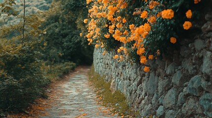 Serene cobblestone path edges a stone wall adorned with bright orange flowers in a lush, green outdoor setting.