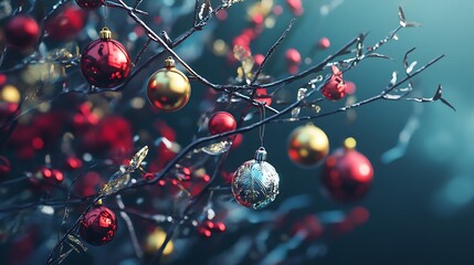 Festive holiday scene featuring sparkling red and gold Christmas ornaments hanging on branches with a cool teal background, creating a magical atmosphere.