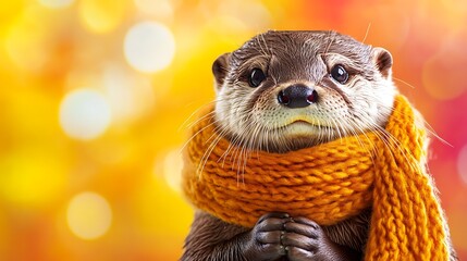 Adorable otter portrait wearing a cozy orange scarf against a soft, bokeh autumn background showcasing its cute and expressive face.