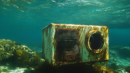 Submerged television set rests on ocean floor, an unusual underwater scene showcasing decay and marine environment.