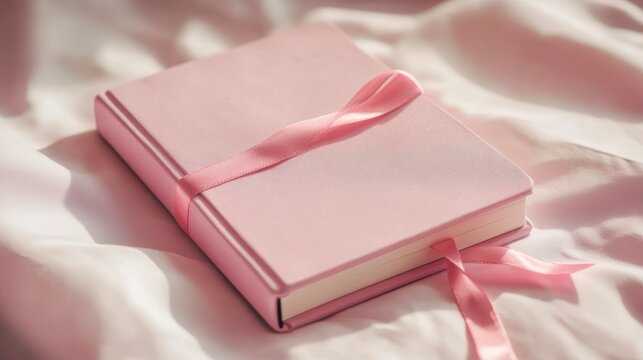 Pink diary with ribbon on bed. - Powered by Adobe
