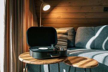 Turntable on a wooden coffee table in a cozy living room with soft lighting, striped pillow on a...