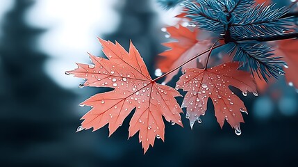 Vibrant autumn leaves with water droplets