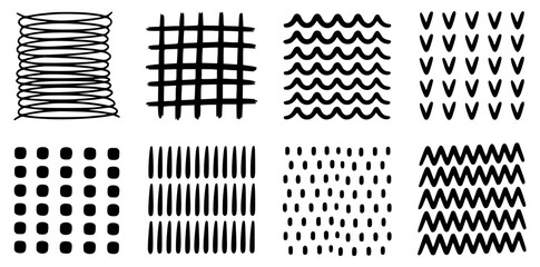 Collection of grunge textured with variety of abstract shapes. Backgrounds decor elements in brush hand drawn style. vector illustrations with dots, lines, stripes, strokes in the Scandinavian style © Vector_Mint