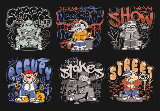 Urban graffiti vector set. Graffiti t-shirt designs bundle for print. Streetwear graphic tee shirt design,
Graffiti art t-shirt design bundle, urban culture with street style graphic set