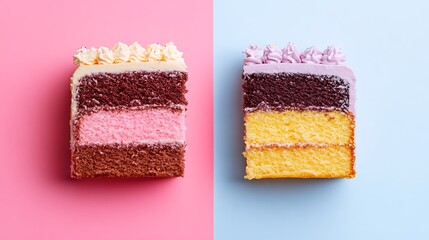 Two slices of layer cakes offer a delightful view on pastel backgrounds featuring vibrant textures, layers, and tempting frosting.